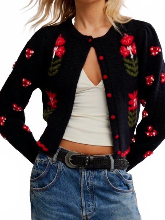 Free People Sweaters - NWT Free People Navy Cropped Cardigan with Red Floral Knit